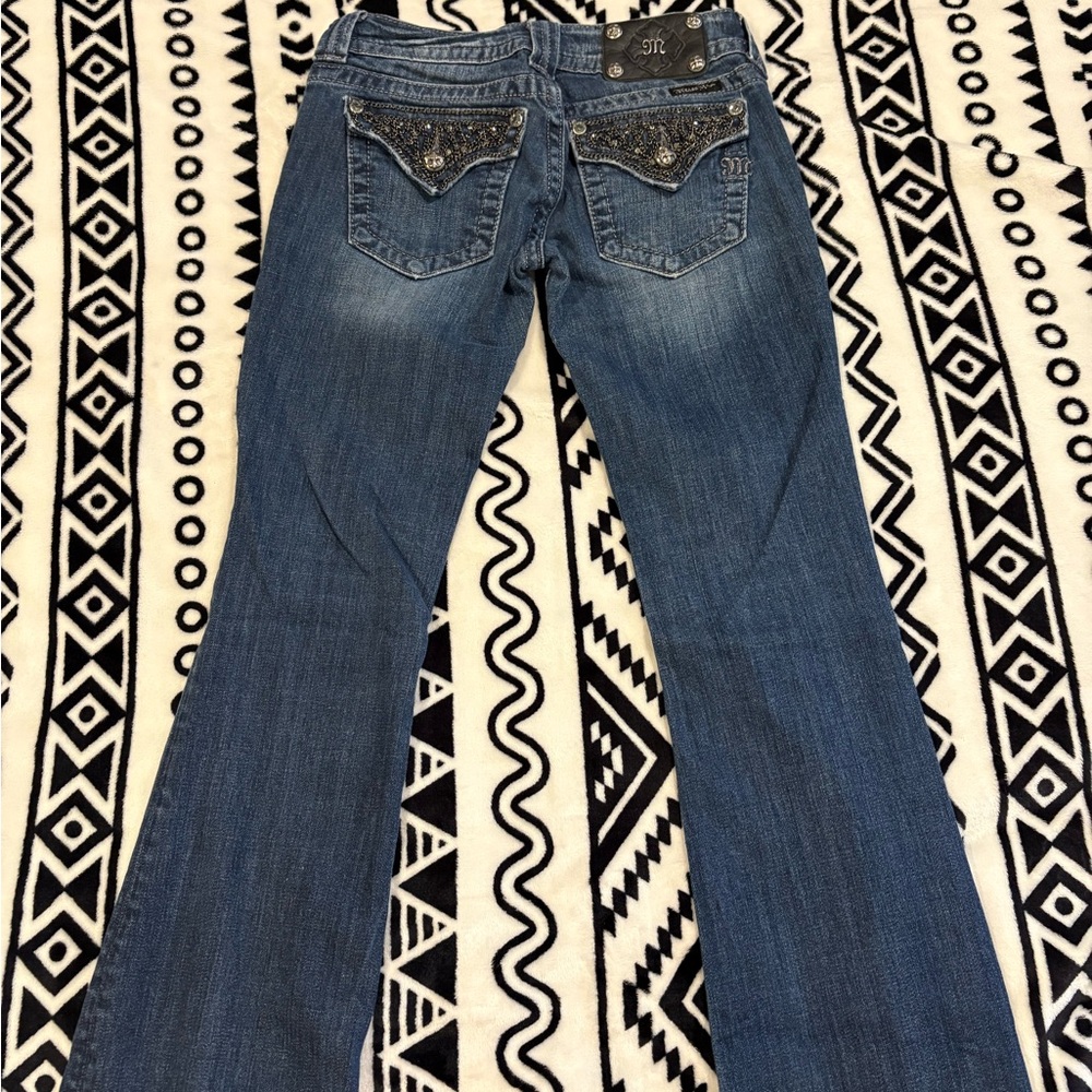 Miss Me Blue Flare Wide Leg Jeans with Decorative Stitching